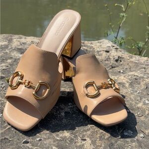 Tan Open-Toe Mules with Gold Accents